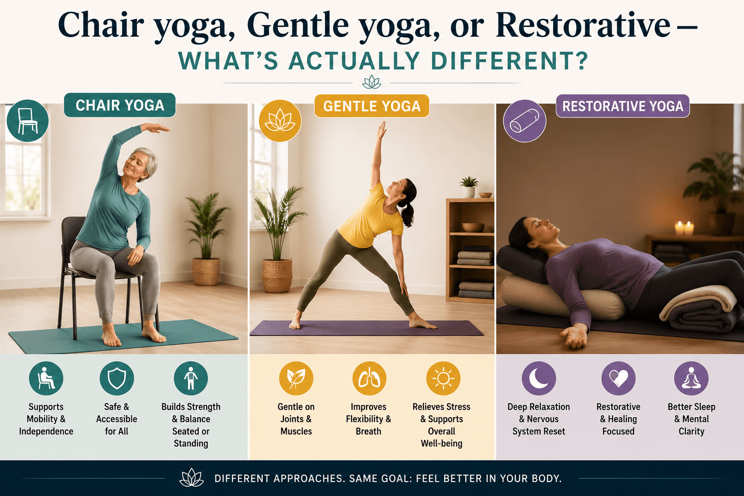 Chair yoga, gentle yoga, or restorative — what's actually different?