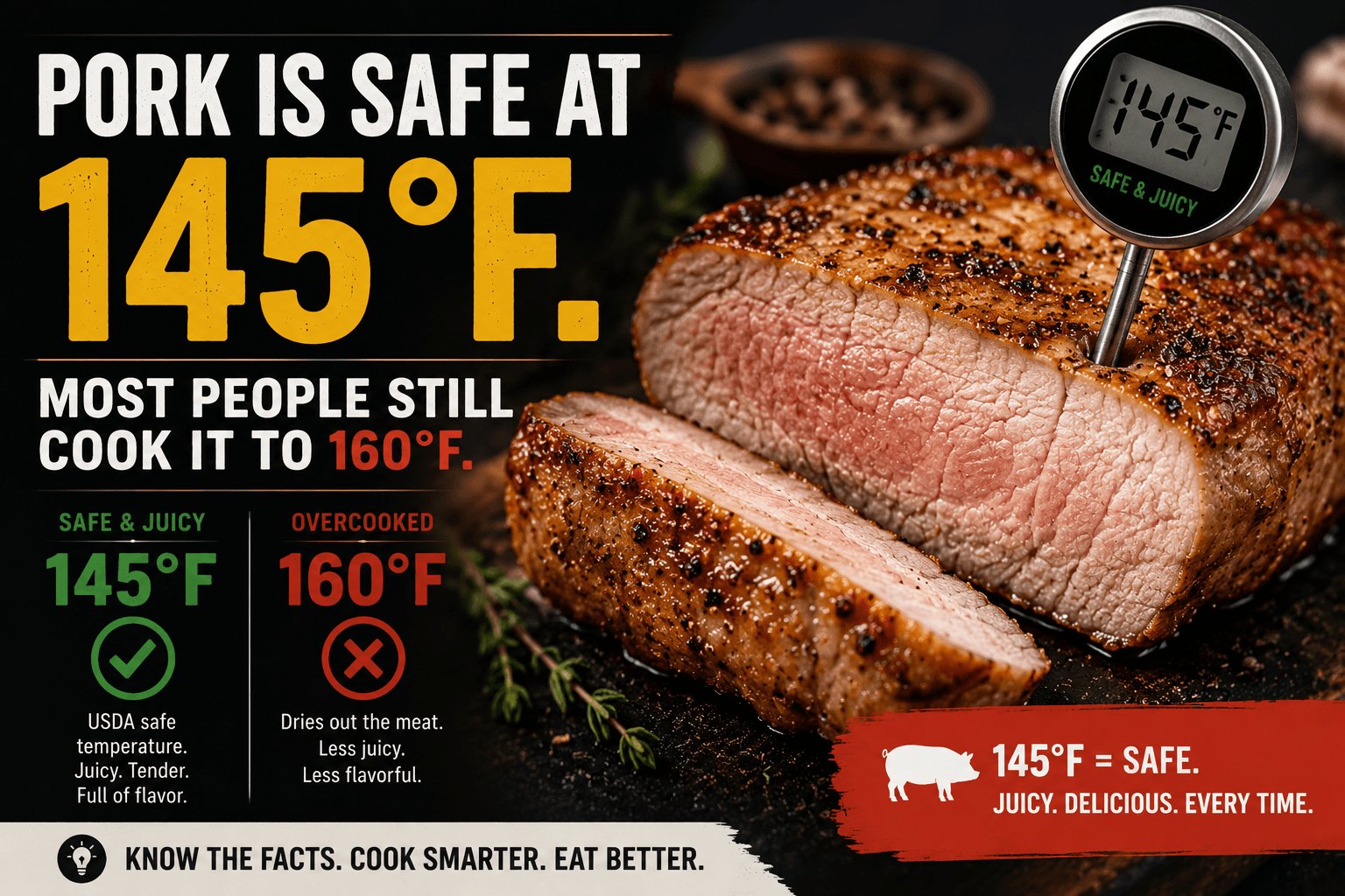 Pork is safe at 145°F. Most people still cook it to 160°F.